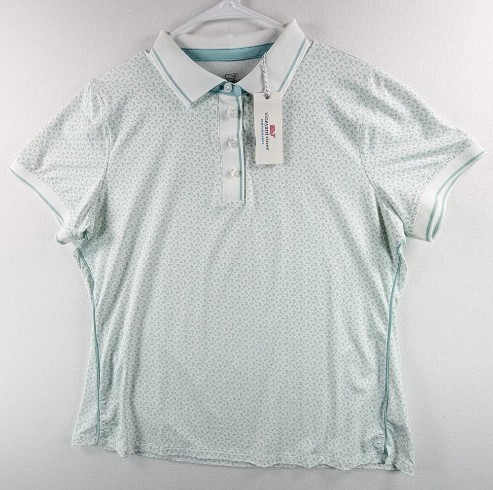 Vineyard Vines Women’s Performance Polo Shirt White Green Print Size XL New